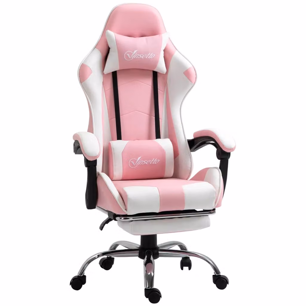Sedia Gaming Ergonomica Xylo Rosa e Bianco con Poggiatesta e Cuscino Lombare, Girevole e Regolabile – 2