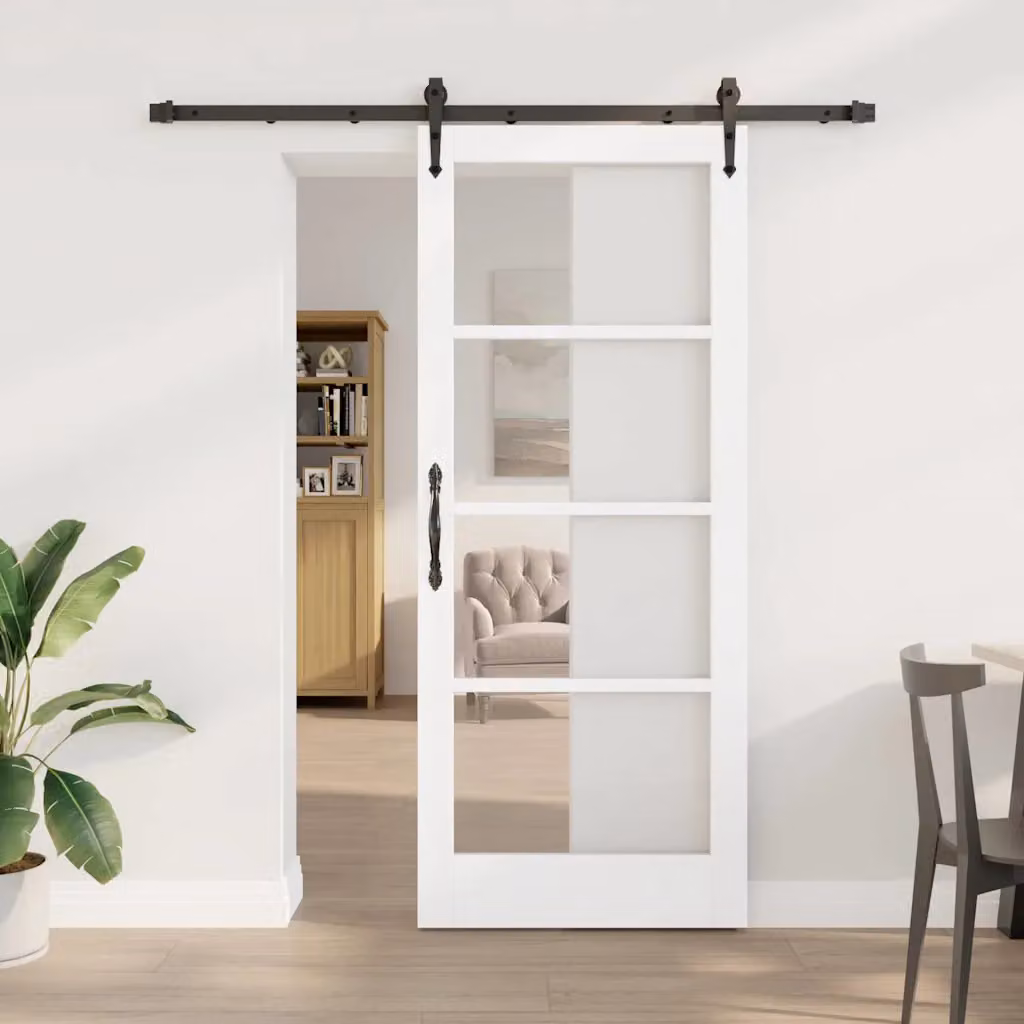 Porta scorrevole vidaXL in legno massello di pino e vetro, colore bianco, L: 83 cm, H: 202 cm