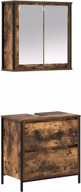 Set Mobili da Bagno Design In in Legno e Metallo Marrone con Mobile Lavabo e Armadietto con Specchio e Illuminazione LED