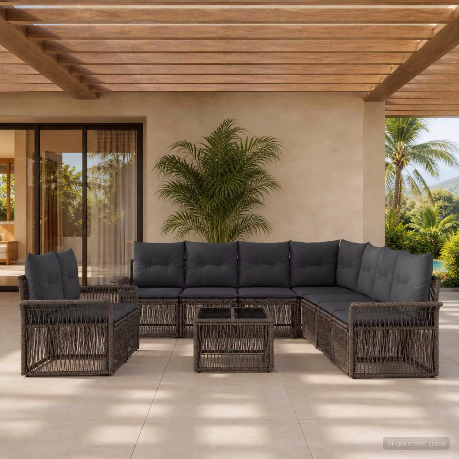 Set Divano da Giardino vidaXL a Forma a U in Polyrattan Grigio con Tavolino e Cuscini Imbottiti