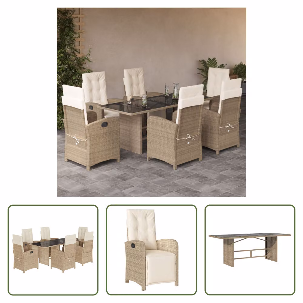 The Living Store Set da pranzo da giardino 7 pezzi con cuscini Beige poly rattan