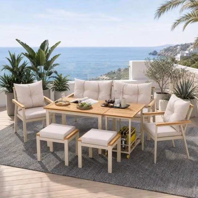 Set da pranzo da giardino per 6-7 persone in legno di acacia e metallo; beige e naturale