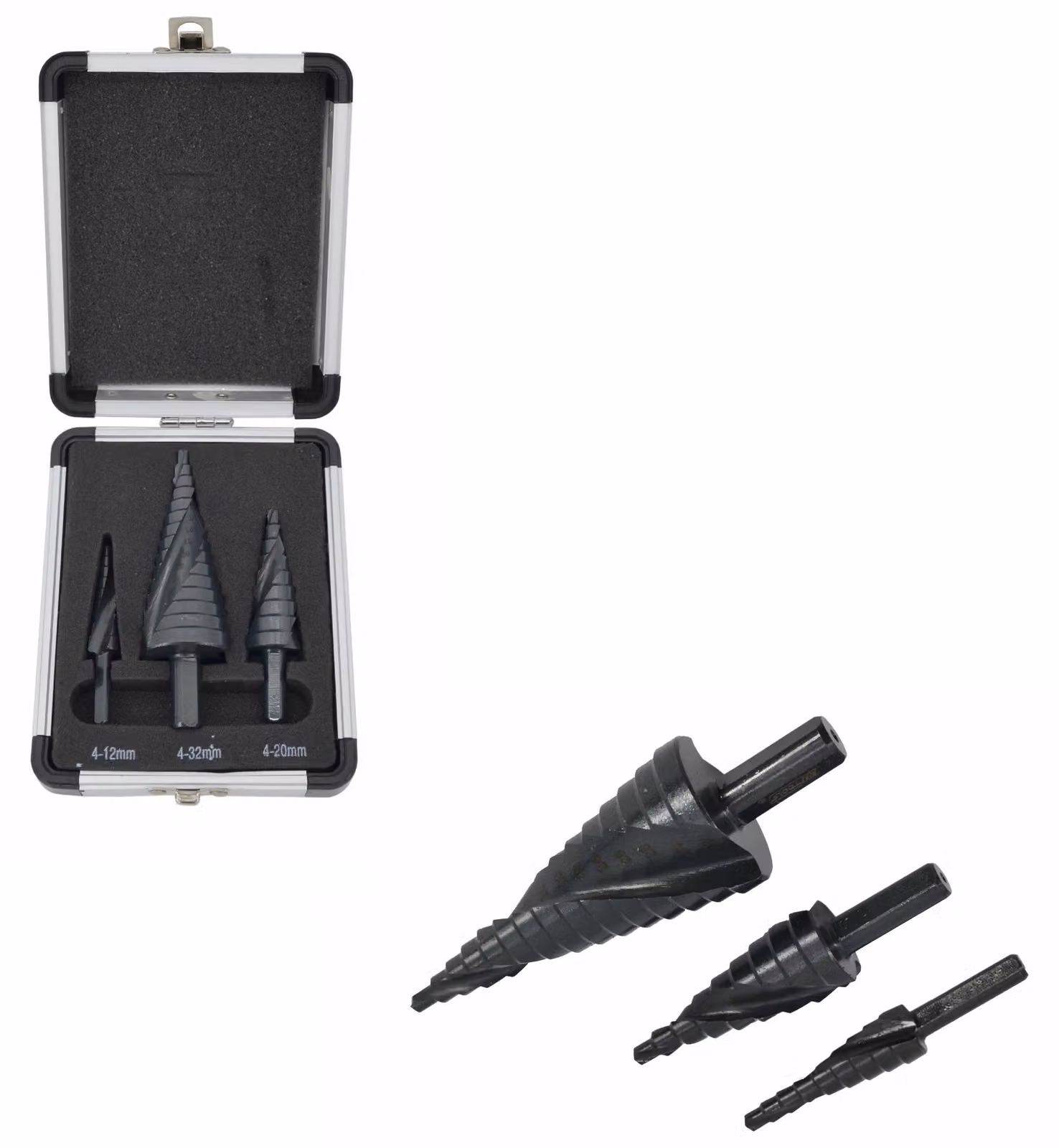 Set di 3 punte da trapano a spirale conico AWTOOLS, da 4-12 mm, 4-20 mm e 4-39 mm, rivestimento AICrN, custodia in plastica nera.