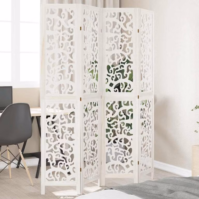 Divisorio Ambienti vidaXL a 4 Pannelli in Legno di Paulownia Bianco Moderno con Design Astratto Opaco H: 200 cm, L: 145 cm, P: 140 cm