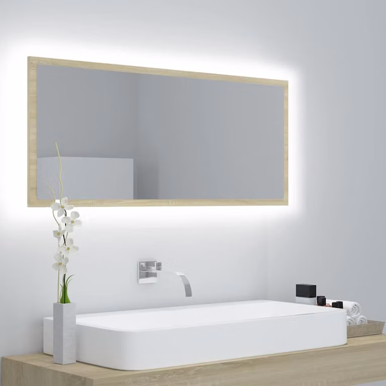 Specchio da bagno con LED vidaXL in rovere sonoma marrone, L: 100 cm, P: 8,5 cm, H: 37 cm