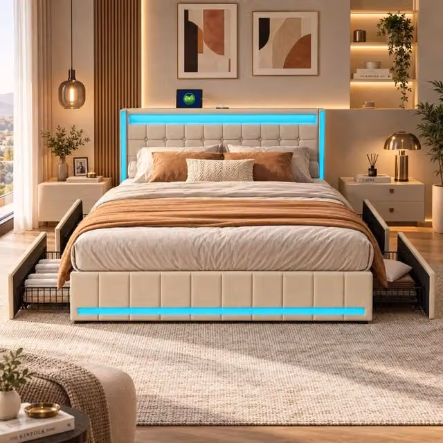 Letto matrimoniale con Contenitore 140x200 cm;letto imbottito 140x200 con 4 cassetti; LED e USB; letto con rete a doghe;Beige Lino;Senza Materasso