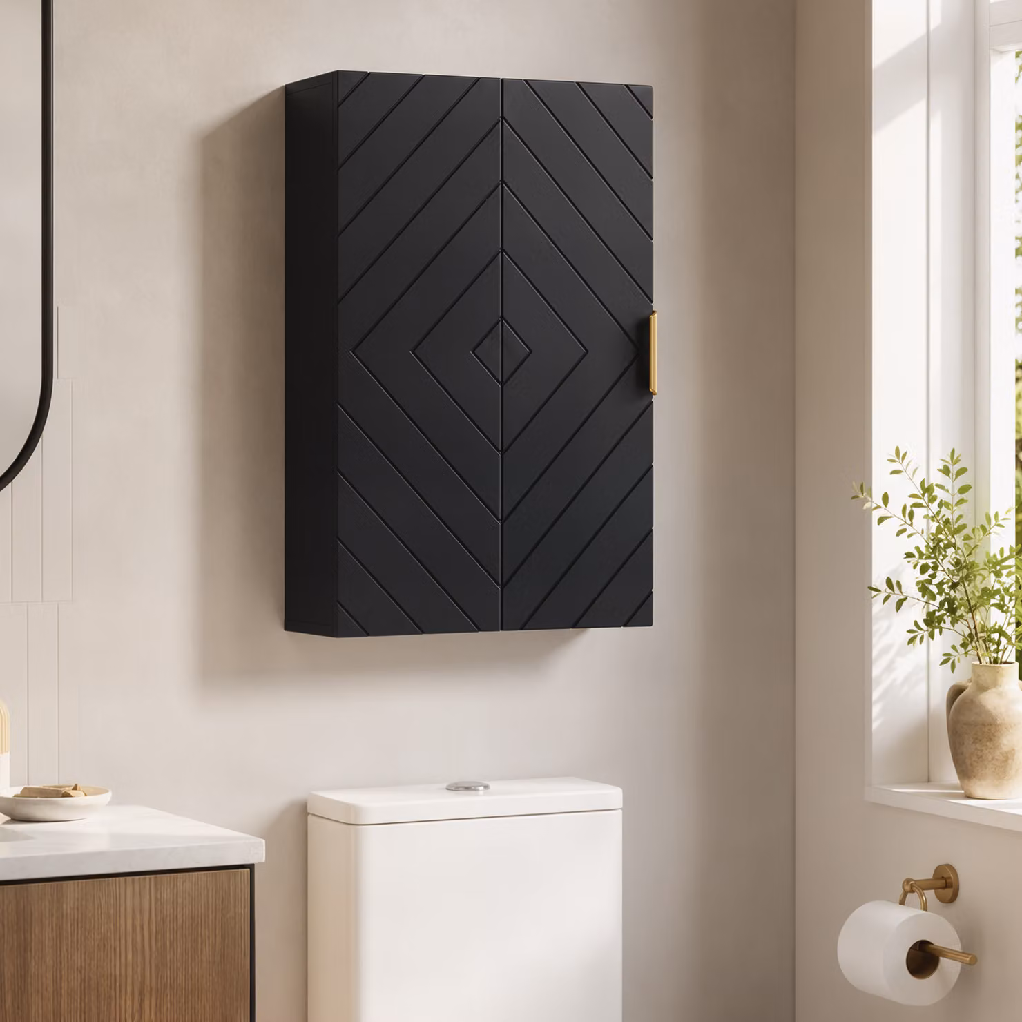 Armadio da parete per bagno Kleankin nero con ripiano regolabile e ante a battente – 2