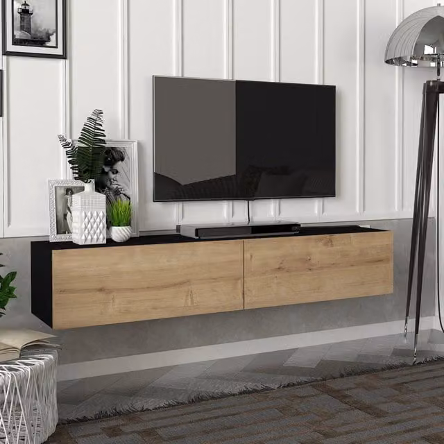 Mobile TV da parete Toivakka en.casa Nero ed Effetto Rovere L: 135 cm, P: 31 cm, H: 25 cm