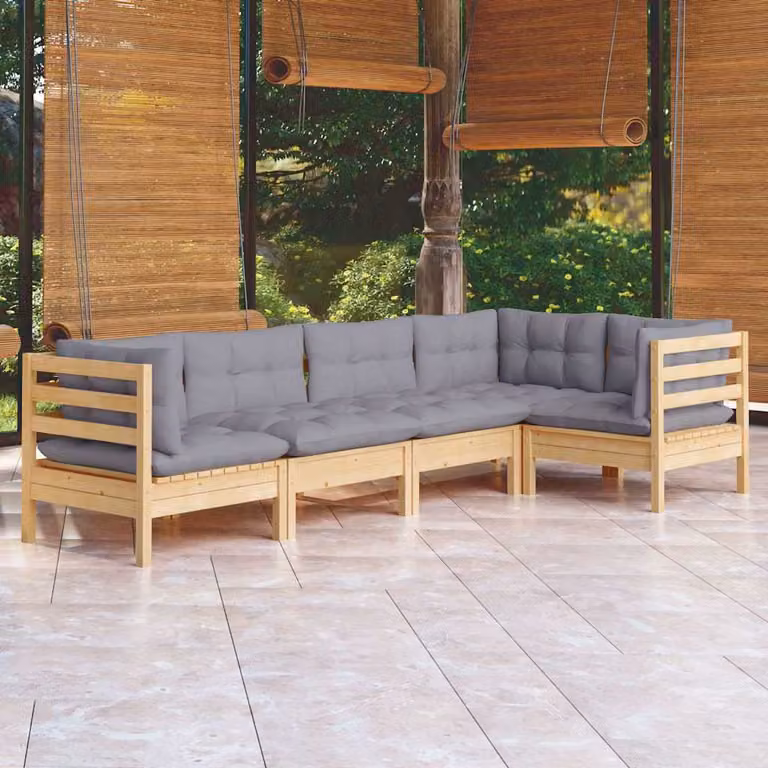Set Divani da Giardino vidaXL a Forma di L in Legno Massello di Pino con Cuscini Grigi