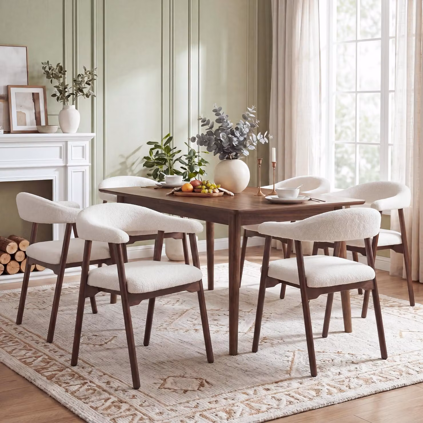 Set di 6 sedie da pranzo Flieks in legno massello, adatte per sale da pranzo, soggiorni, caffè, con rivestimento in tessuto boucle, sedie imbottite, ideali anche come sedie da cucina, colore noce e beige