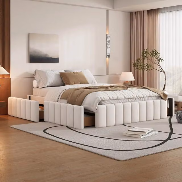 Letto Imbottito 140x200 senza Testiera ¨C MINIMAL ¨C Beige, con Rete a Doghe