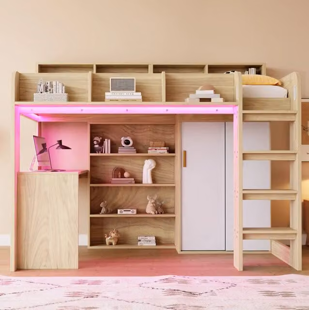 Letto a soppalco 90x200 cm con scrivania, armadio, LED e prese