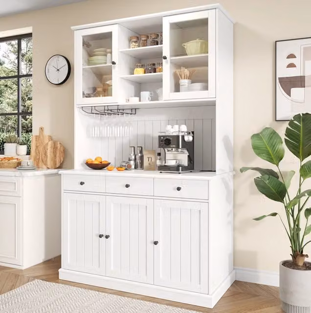 Credenza alta 120x40x191 cm con prese e USB, bianca