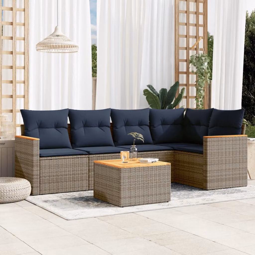 Set Divani da Giardino vidaXL 6 pz a Forma a L con Tavolino, Polyrattan e Cuscini Blu o Grigio