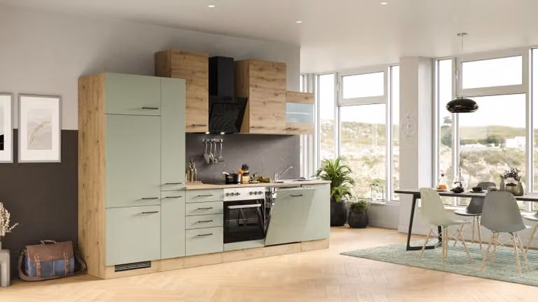 Mobile cucina con elettrodomestici Flex Well Cara 310 cm colore frontale rovere verde opaco colore mobile rovere