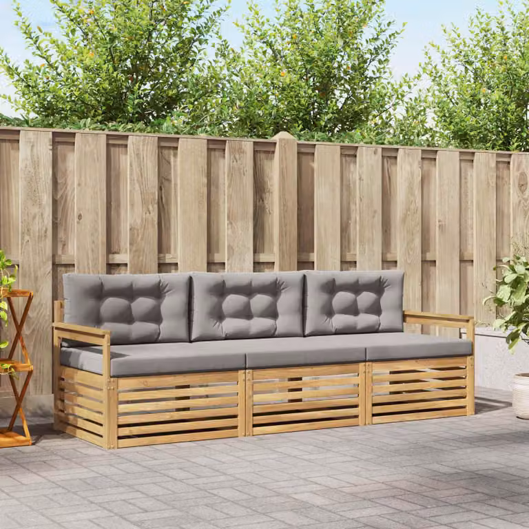 Set di divani da esterno vidaXL 3 pezzi in legno di acacia con cuscini, Bianco e Grigio