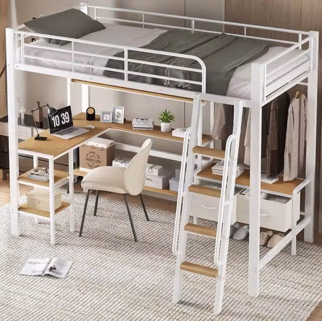 Letto a soppalco ULEVR 90x200 cm con scrivania, scaffale e 2 contenitori in tessuto, bianco e naturale