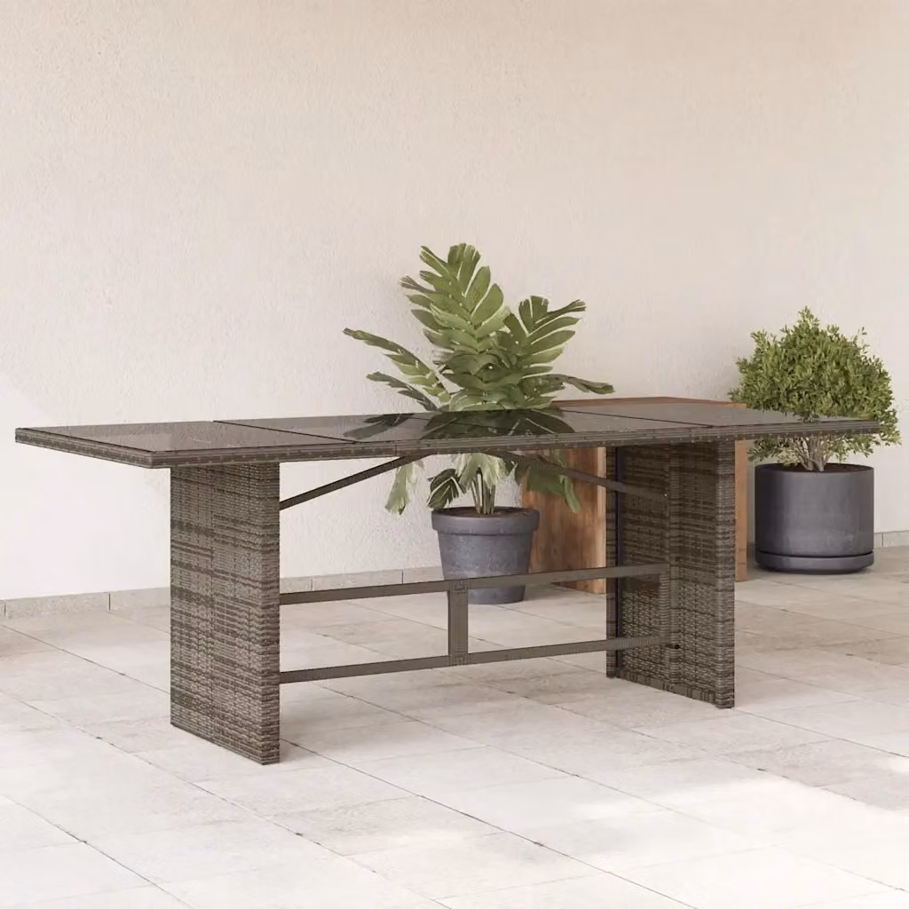 Tavolo da giardino rettangolare in polyrattan grigio con piano in vetro moderno L: 190 cm, P: 80 cm, H: 75 cm – 2