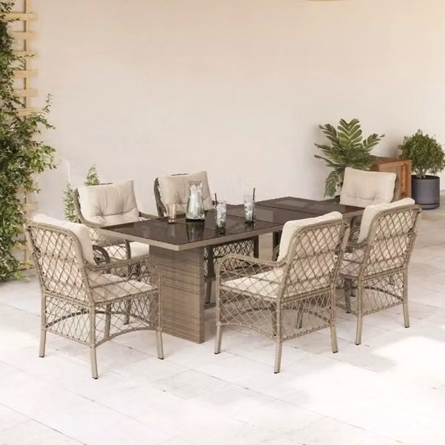 Set da pranzo da giardino vidaXL in polyrattan con cuscini beige e piano in vetro, 7 pezzi