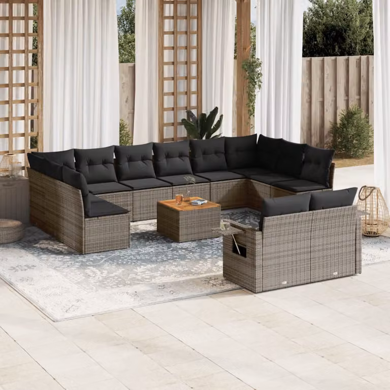 vidaXL Set Divani da Giardino 13 pz in Polyrattan Grigio con Cuscini e Tavolino