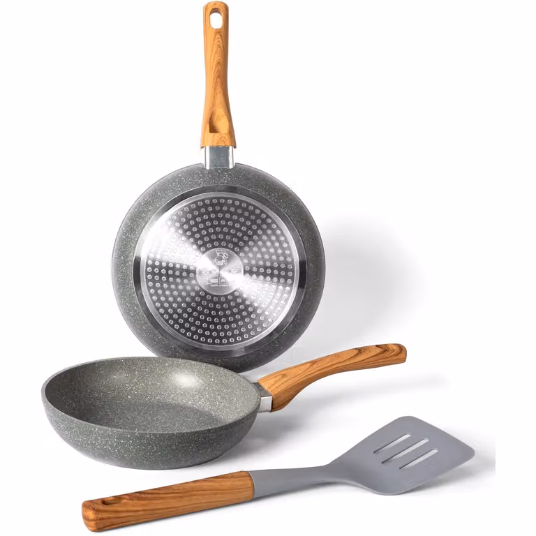Set di 2 padelle antiaderenti con spatola GUSTO CASA Linea WoodLine in alluminio e ceramica, colore grigio