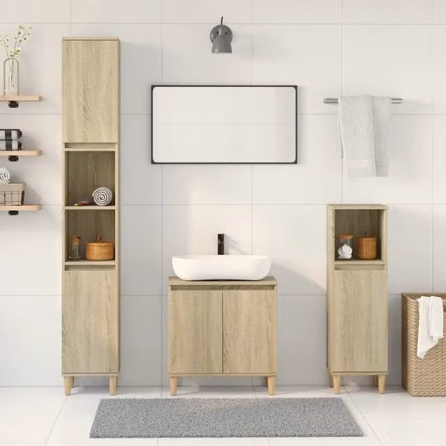 Set di mobili da bagno moderno vidaXL in legno color marrone composto da 3 pezzi: mobile lavabo, colonna alta e mobile laterale L/P/H: 60 x 33 x 58 cm