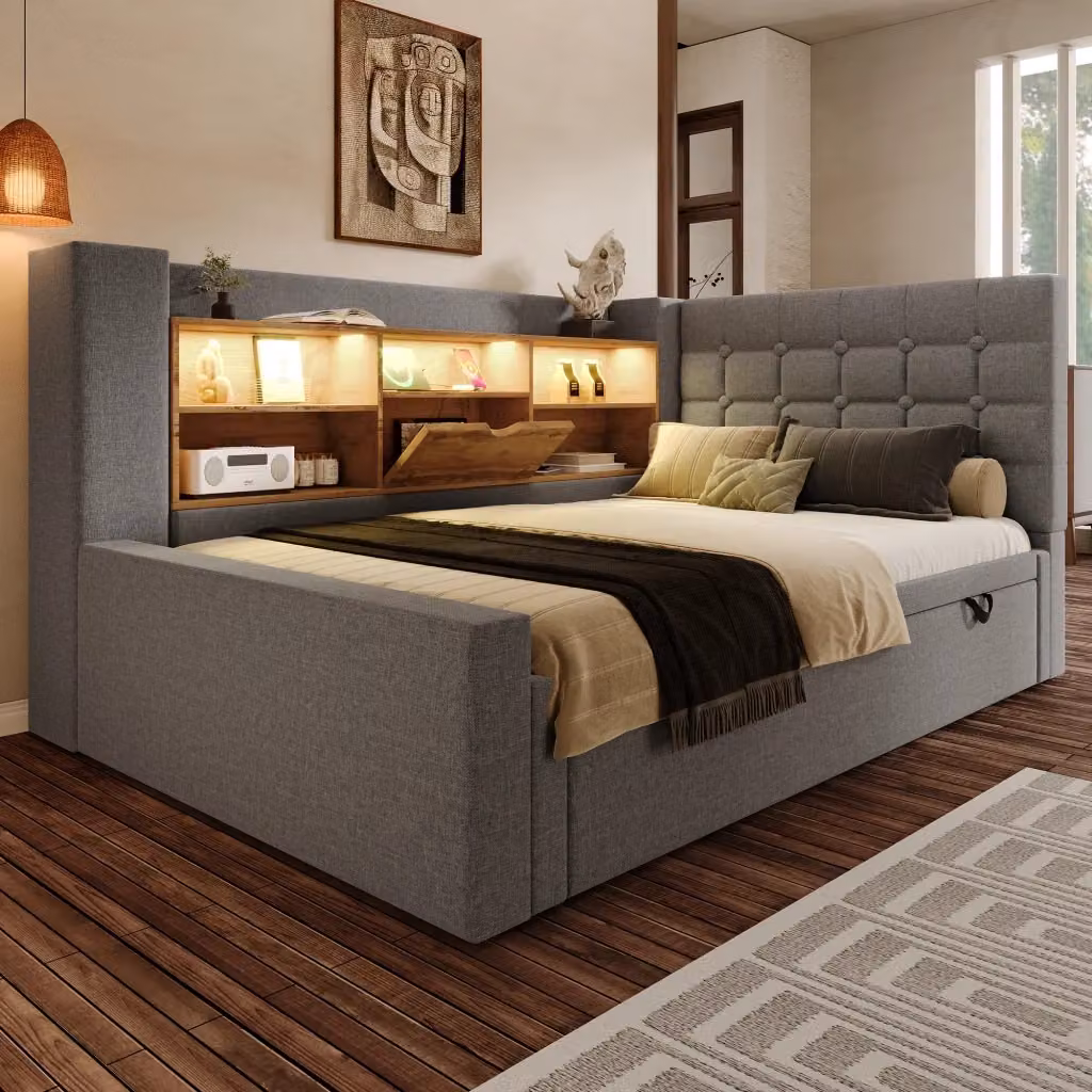 Letto singolo estraibile moderno grigio con illuminazione LED, porta USB e testiera con ripiani, L/P: 90 x 200 cm – 2