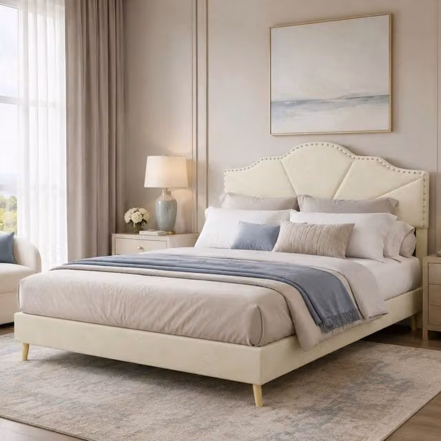Letto Mivray con testiera geometrica in tessuto beige e struttura in metallo, L/P/H: 140 x 200 cm