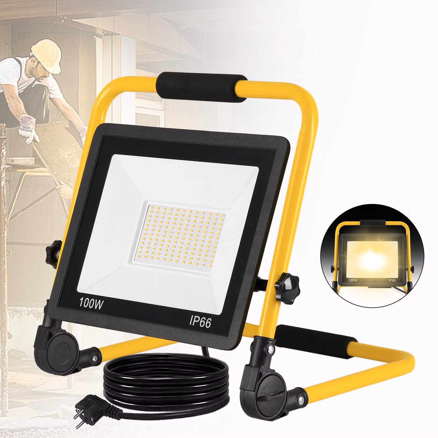 VA-Cerulean, faretto LED da 100W, luce calda, con supporto, cavo da 3 metri, grado di protezione IP66, ideale per cantieri, garage e officine
