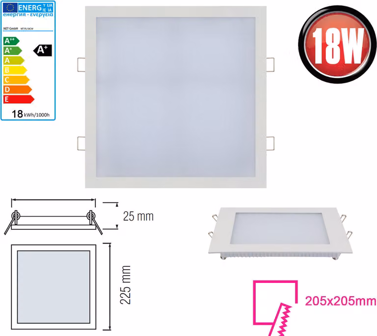 10x 18W LED pannello 225 x 225mm faretto da incasso luce da incasso bianco caldo 1360 lumen plafoniera angolare
