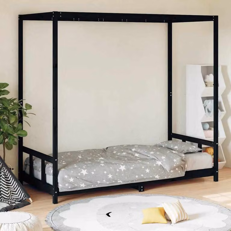 vidaXL Giroletto per bambini in legno massello di pino, Nero, 90 x 200 cm