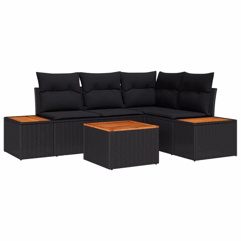 Set Divano da Giardino Moderno vidaXL in Rattan e Legno di Acacia, 5 Pezzi, Nero Opaco