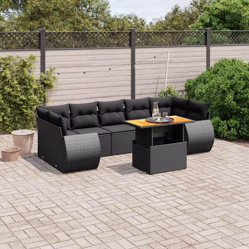 vidaXL Set Divani da Giardino a L con Cuscini 8 pz Nero in Polyrattan e Legno di Acacia – 1