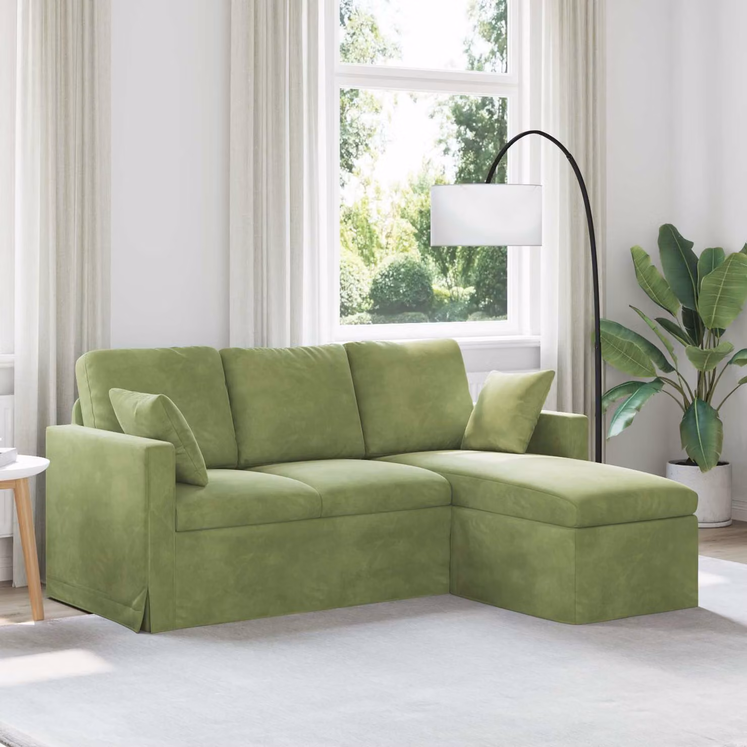 Divano moderno vidaXL in velluto verde con cuscini decorativi e coperture rimovibili L: 178 cm, P: 134 cm, H: 80 cm – 1