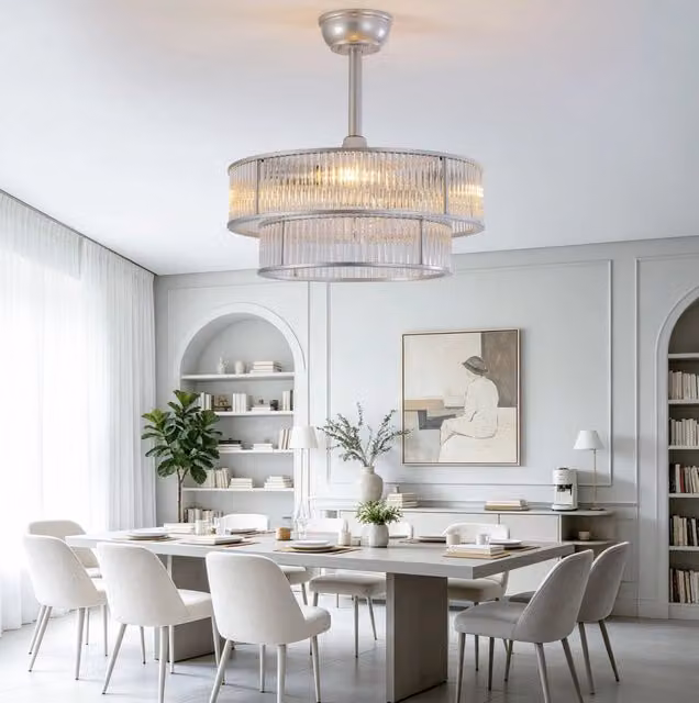 Ventilatore da soffitto con luce 50x50x39 cm in vetro e metallo argento, silenzioso –