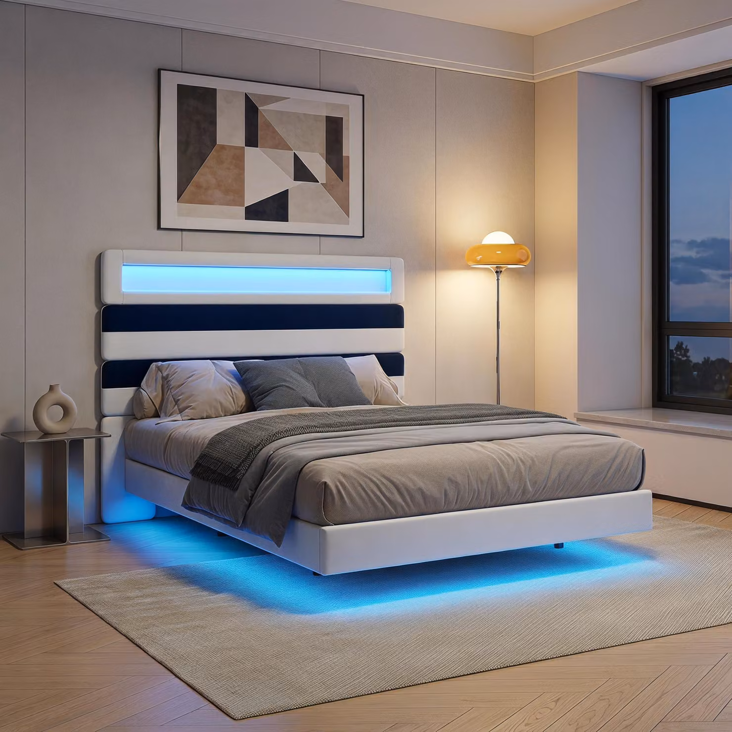 Letto imbottito 140x190 cm con USB e LED, letto multifunzionale con testiera a righe regolabile, letto a castello per ragazzi, struttura con rete a doghe, rivestito in velluto