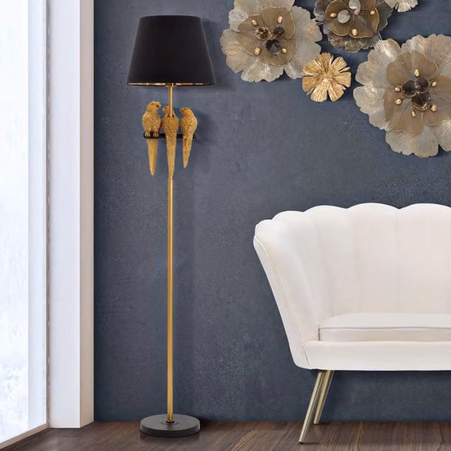 Lampada da terra Dariha in metallo e tessuto, colore nero e oro, ideale per la lettura, con attacco E27