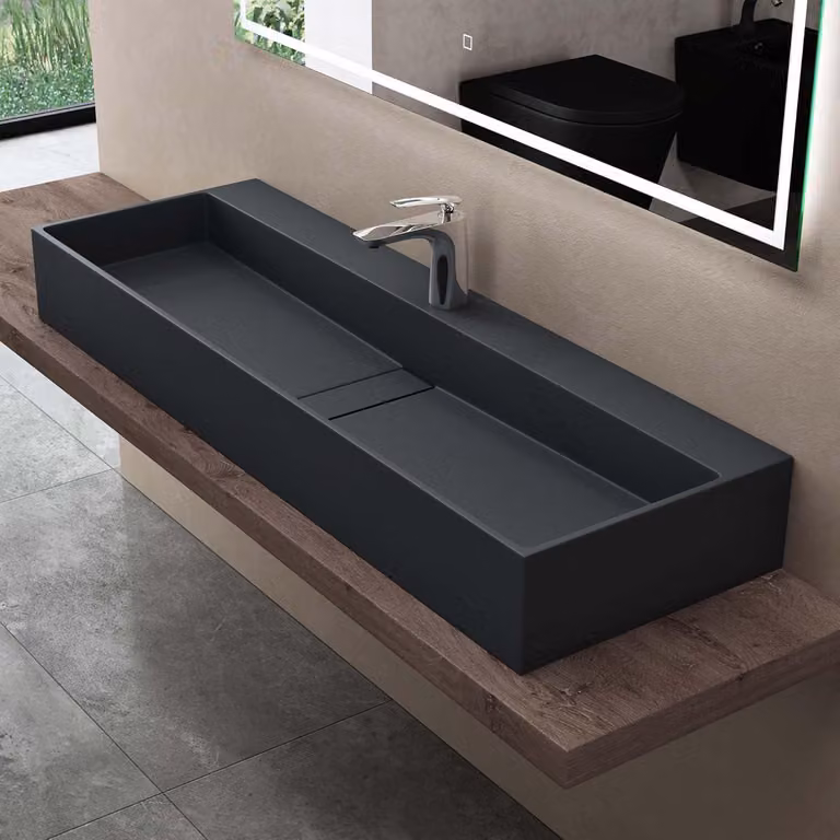 ddoporro Lavabo da Bagno Rettangolare 120 cm in Resina Minerale Antracite Opaco, Lavandino Sospeso / da Appoggio con Foro Rubinetto - Col6028