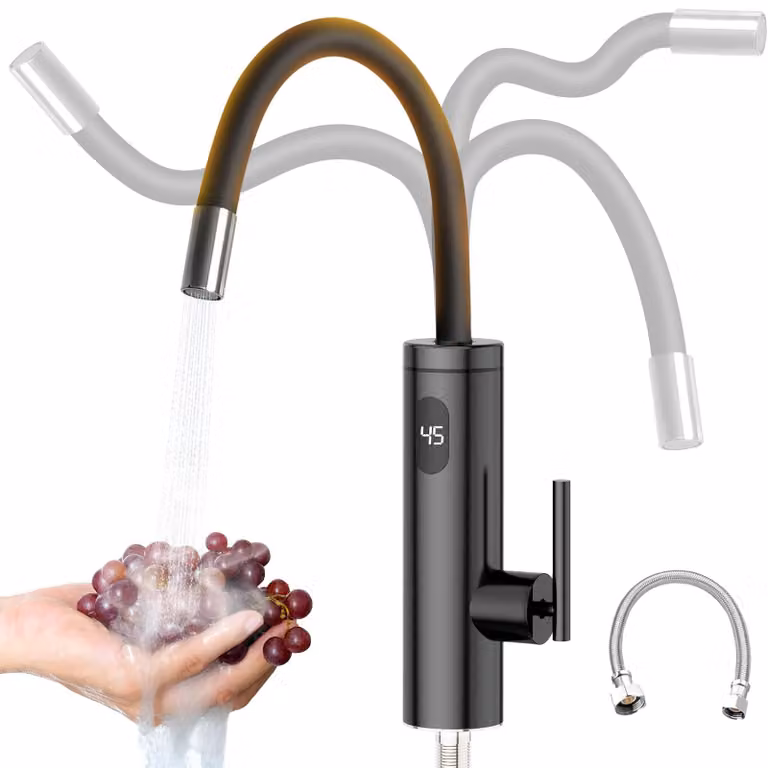Scaldabagno istantaneo per rubinetto, 3300 W, acciaio inossidabile, LED, colore nero