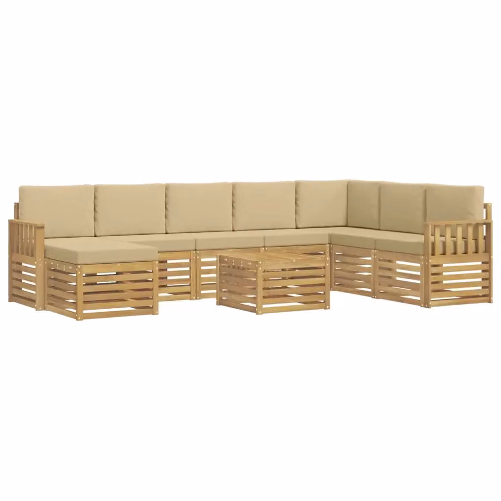 Set di divani da esterno a L con tavolino da caffè vidaXL, composto da 7 pezzi in legno di acacia e tessuto resistente ai raggi UV, colore bianco e beige – 2