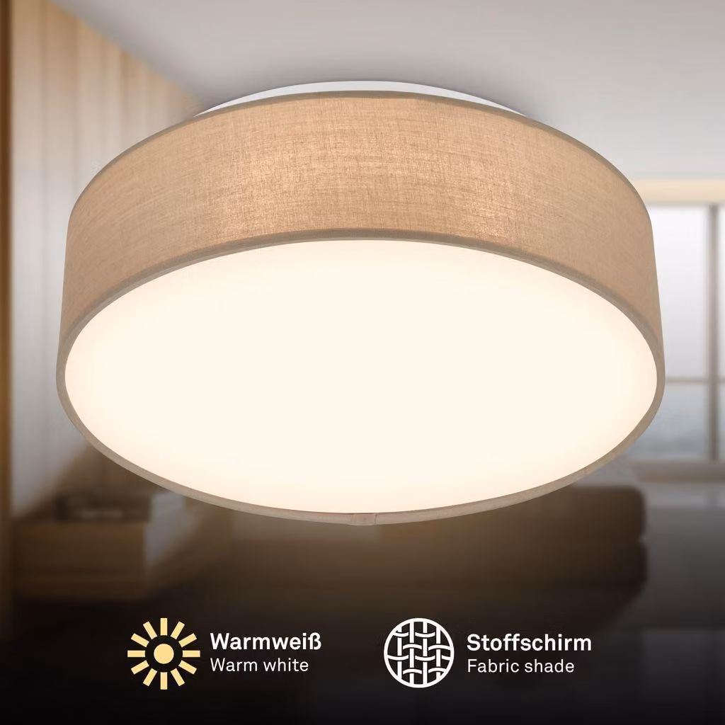 Briloner Plafoniera LED con paralume in tessuto Ø30x10,5 cm rotonda 16W 1800lm 3000K bianco caldo tortora - Lampada da soffitto soggiorno camera da letto cucina corridoio