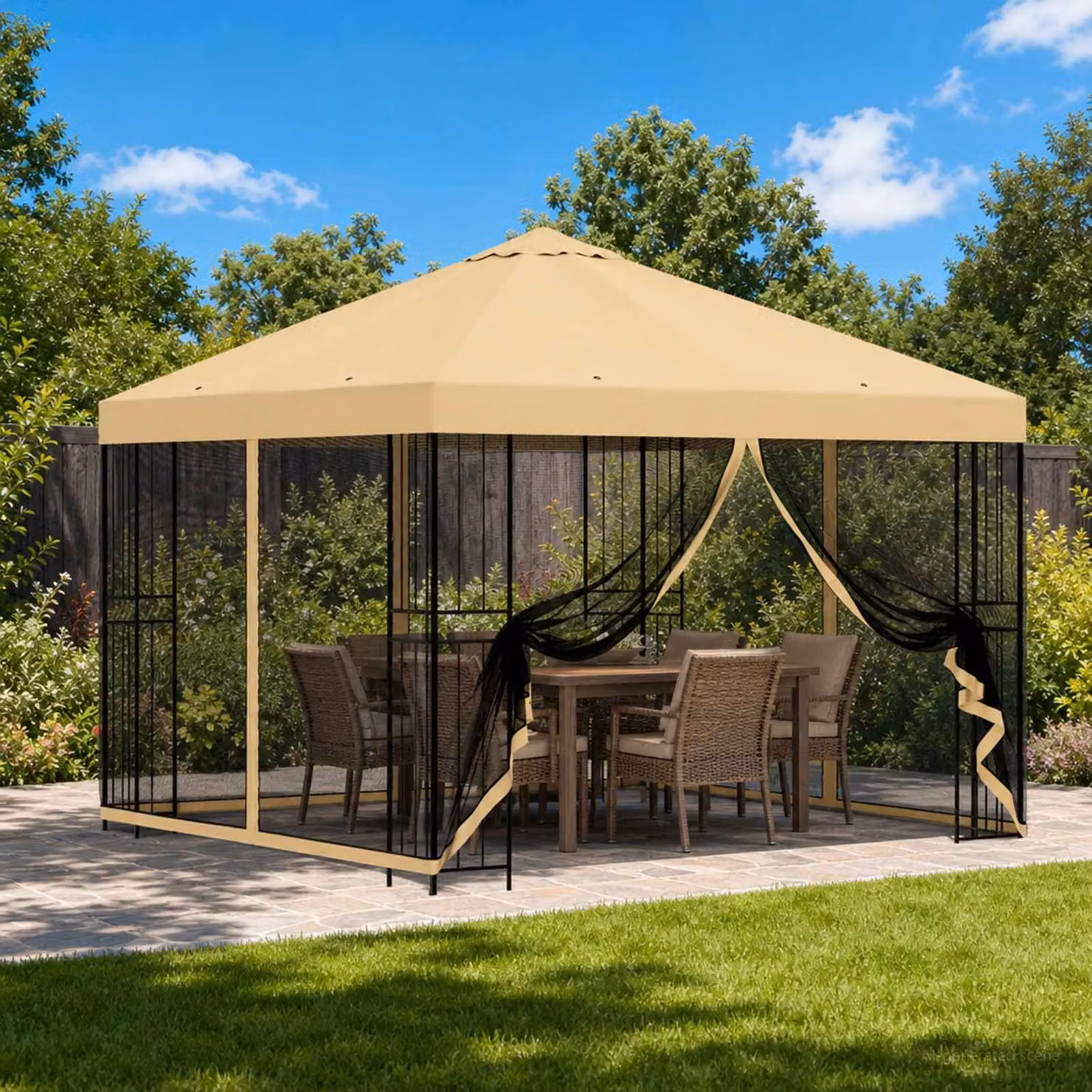 Gazebo da giardino vidaXL con pareti laterali e finestre, beige e nero, L/P: 300 x 300 cm, H: 276,5 cm