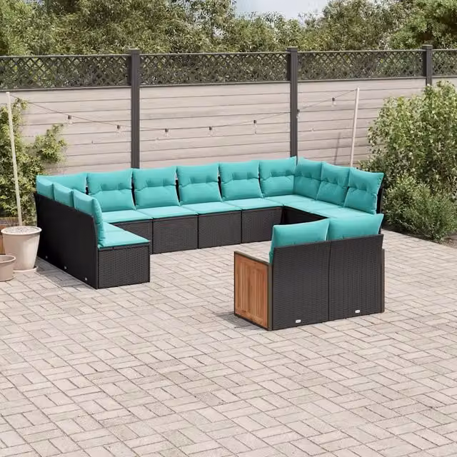 Set di divani da giardino a forma di U vidaXL in polyrattan con cuscini inclusi, nero, blu e turchese
