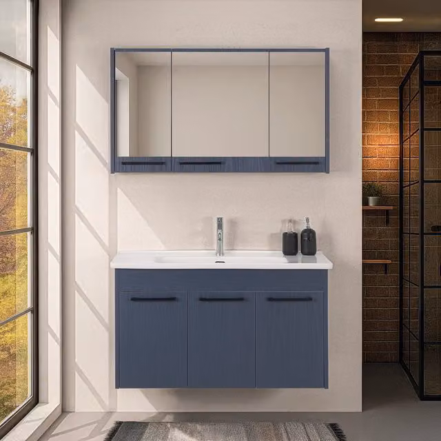 Mobile bagno sospeso INBAGNO Sofia blu effetto legno con armadietto a specchio L: 100 cm, P: 45 cm, H: 55 cm