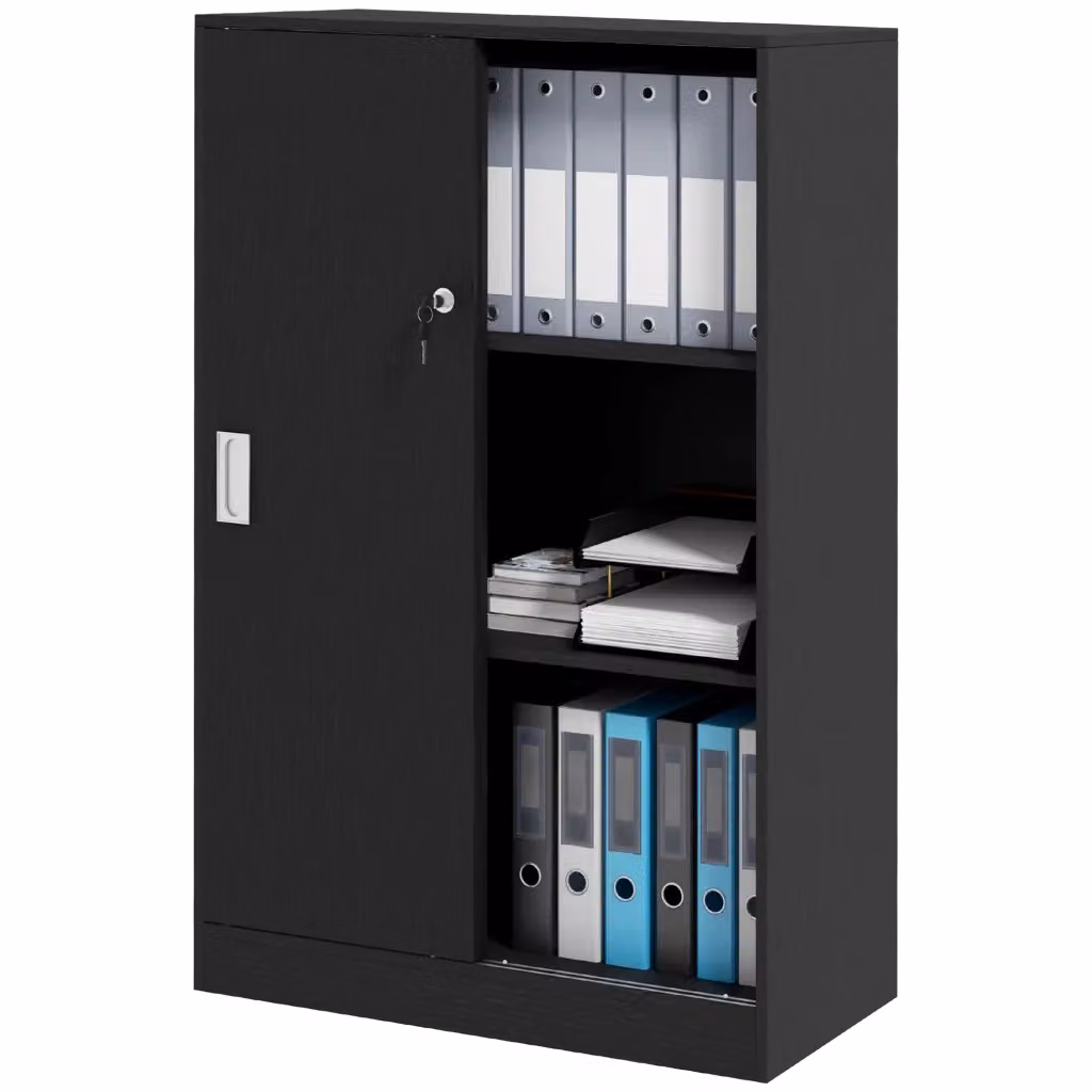 Armadio da ufficio XYLO con ante scorrevoli e serratura, nero opaco, L: 80 cm, P: 40 cm, H: 120 cm – 2