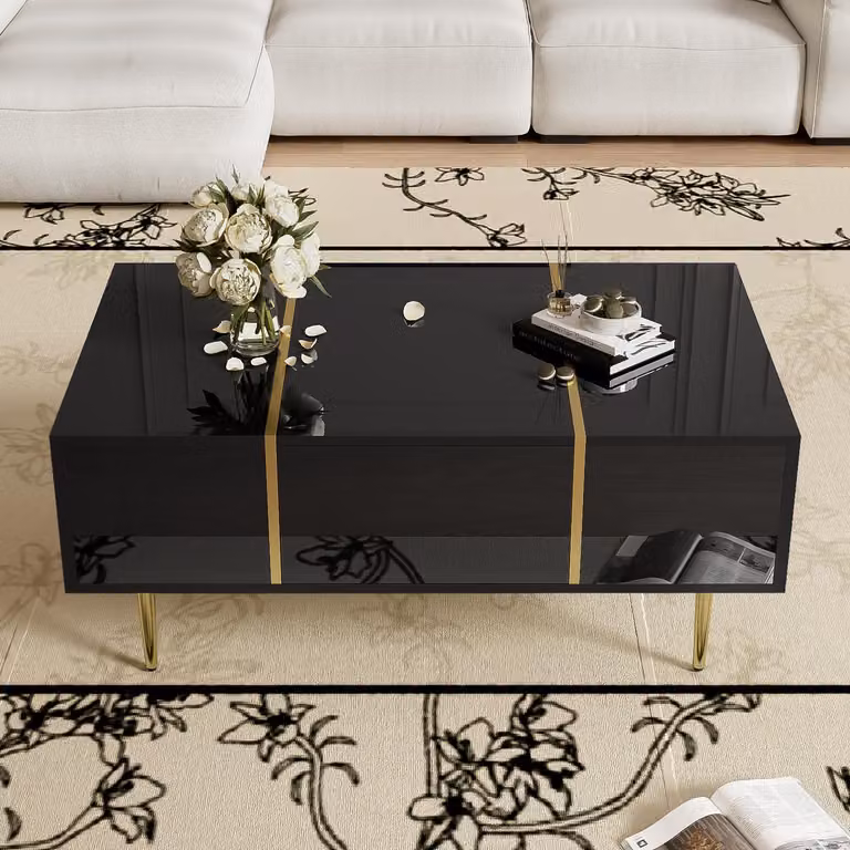 Tavolino da caffè lucido con 2 cassetti, gambe in metallo, moderno ed elegante, tavolo da salotto, nero