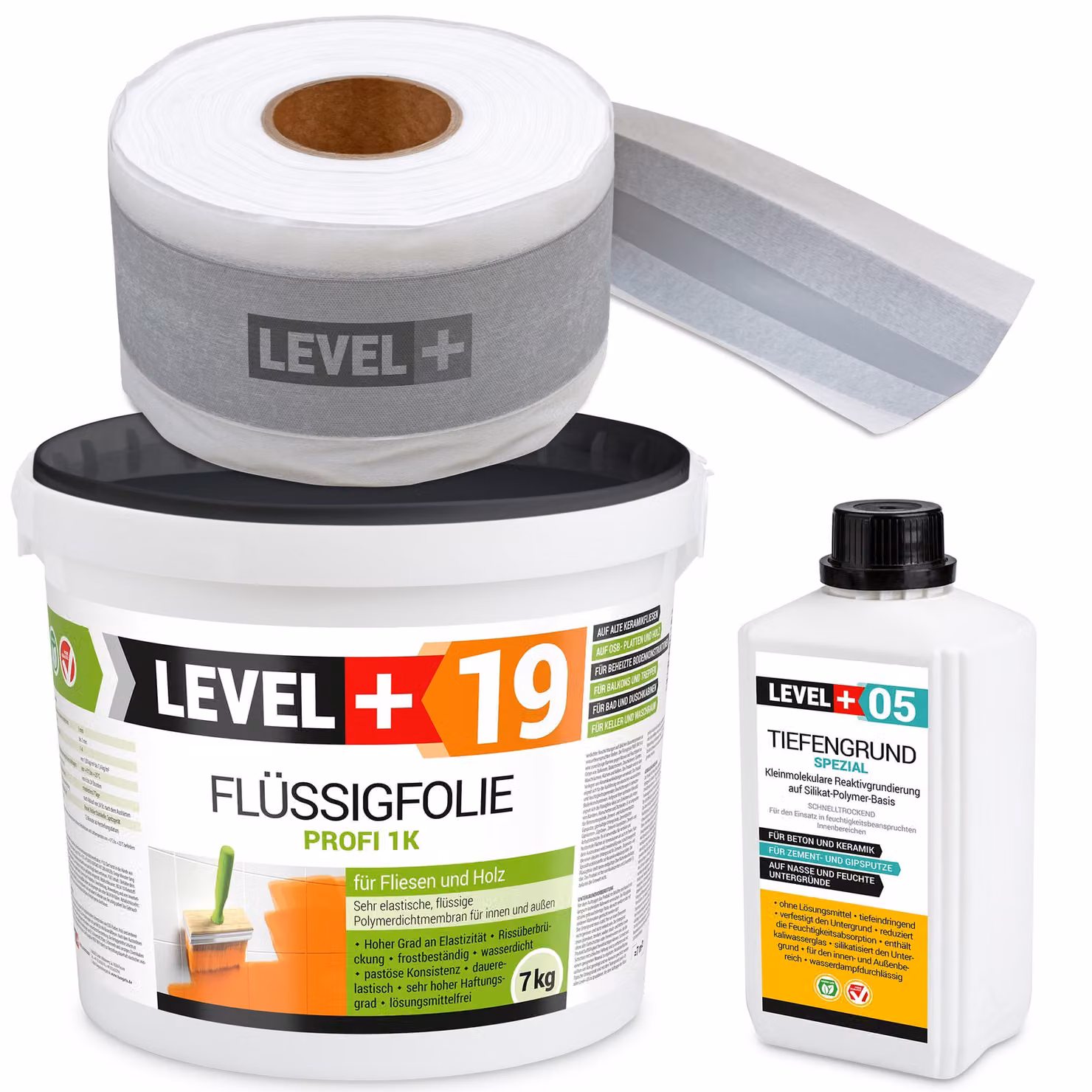Kit di impermeabilizzazione: membrana liquida da 7 kg, nastro da 5 metri, primer da 1 litro. Adatto per balconi e bagni. Modello: LEVEL+ SET545