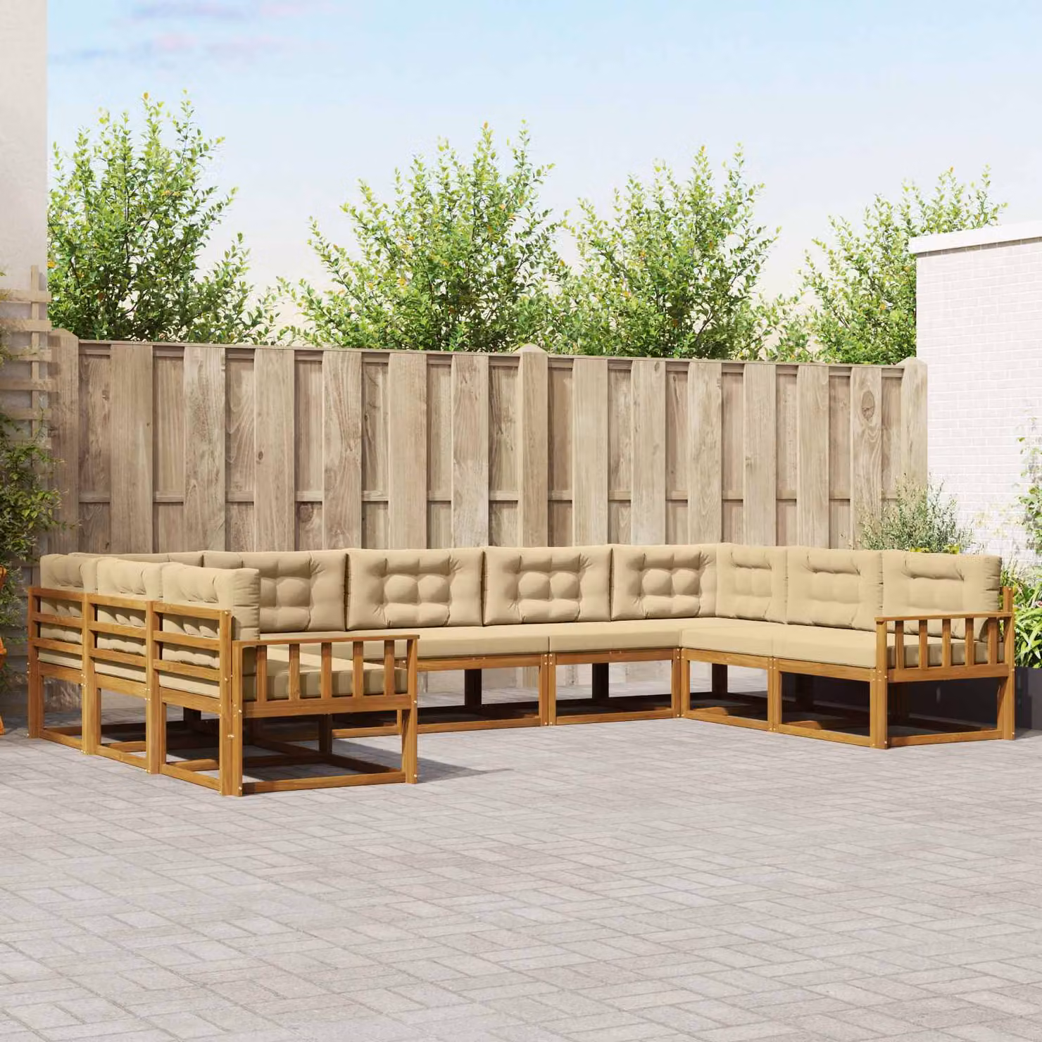 Set di divani da esterno vidaXL a forma di L in legno di acacia con cuscini, 9 pezzi, Beige e Sabbia