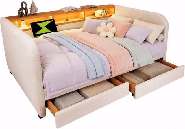 Letto imbottito 140x190 cm con testiera contenitore, LED e porte USB/Type-C, 2 cassetti, colore beige chiaro, design moderno salvaspazio