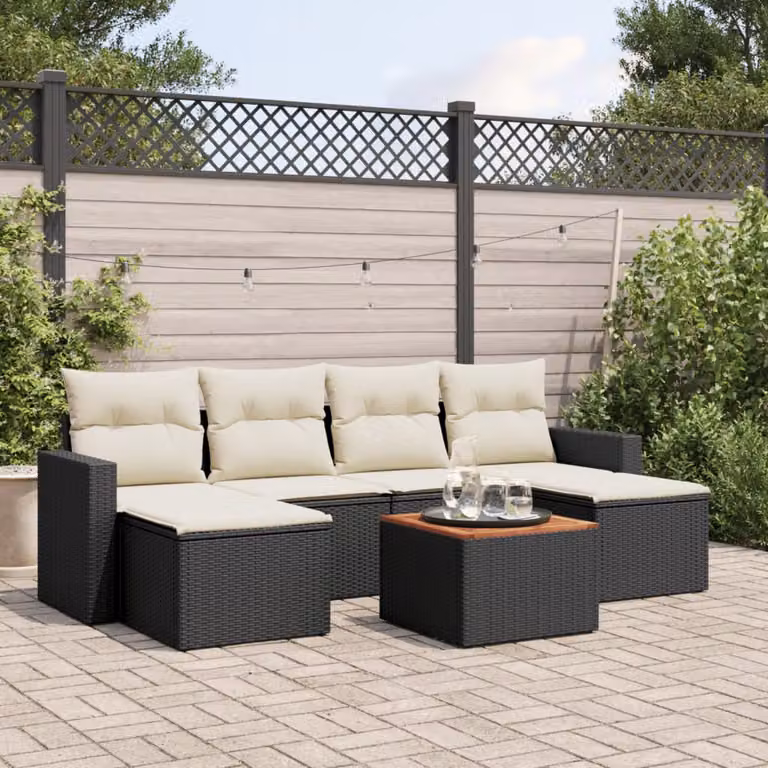 Set di Divani da Giardino a L vidaXL in Polyrattan Nero con 7 Cuscini e Tavolino da Esterno